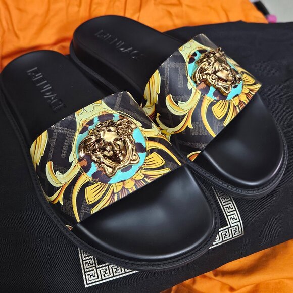 Pool Slide Vitello St FENDACE Gold Baroque Multicolor-Oro VERSACE size 5 - Picture 4 of 9